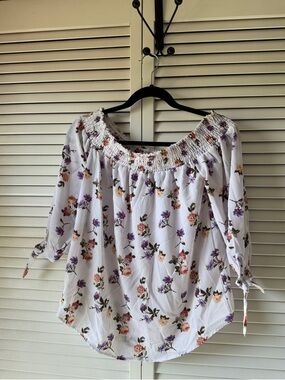Rue21 White Off-Shoulder Floral Blouse with Purple & Peach Flowers